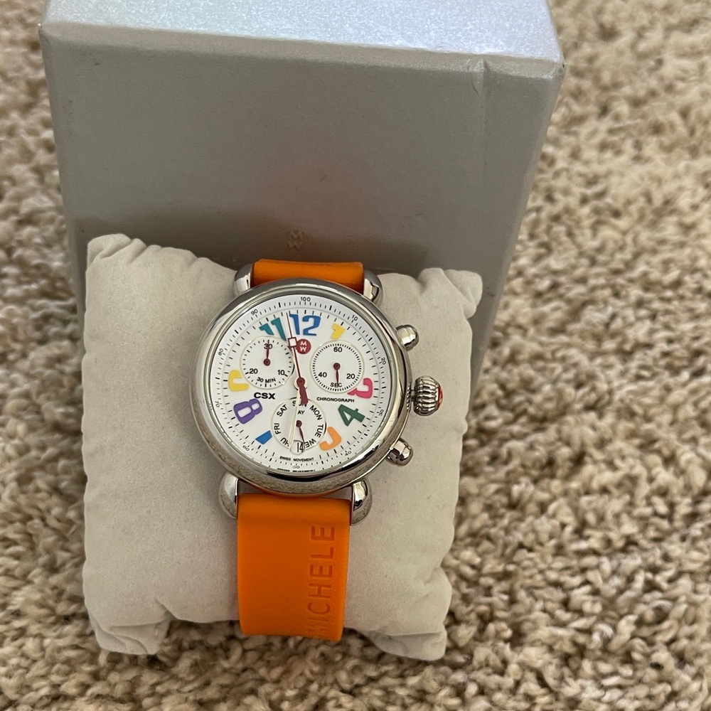 Michele Watch with Orange Strap and Colorful Dial